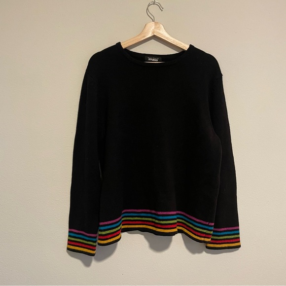 Designers Originals Sweaters - Designer Studios Black Striped 90s Rainbow Detailed Sweater, Size XL